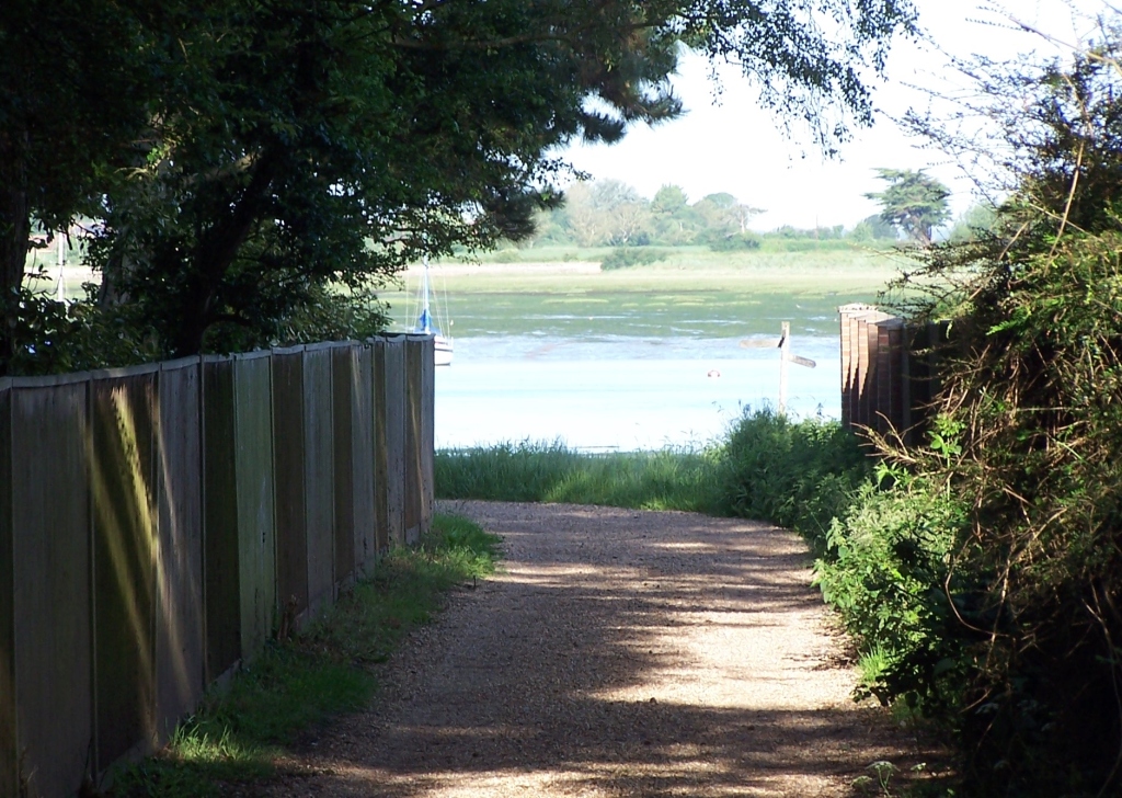 gravel path running down to water, fence on left side and hedge on right side.  Sun on water and green of foliage on bank and low tide mark on far side of water
